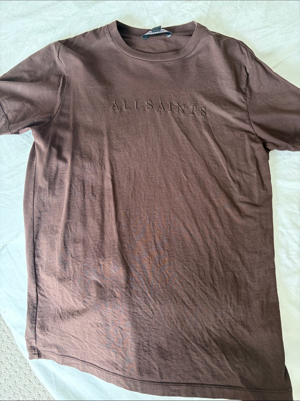All Saints chocolate Brown Embossed Logo Crew Tee